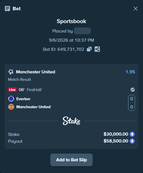 Bet slip: Everton - Manchester United, $29,940.98 stake at 1.95 odds, placed by TommyB74
