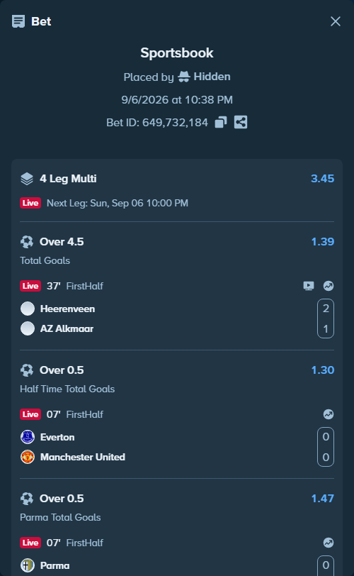 Bet slip: Everton - Manchester United, $30,000.00 stake at 1.30 odds, placed by Hidden