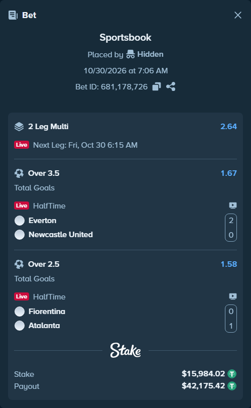 Bet slip: Everton - Newcastle, $16,000.00 stake at 1.67 odds, placed by Hidden