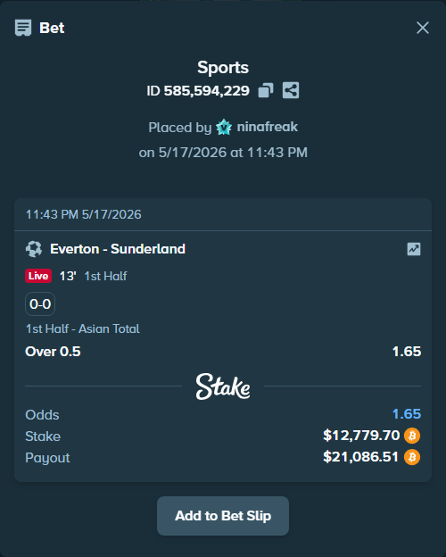 Bet slip: Everton - Sunderland, $10,491.52 stake at 1.65 odds, placed by ninafreak