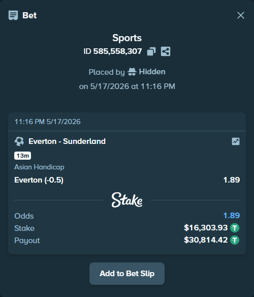 Bet slip: Everton - Sunderland, $16,303.93 stake at 1.89 odds, placed by Hidden