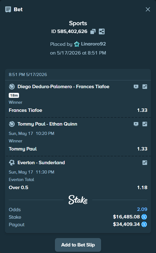 Bet slip: Everton - Sunderland, $16,485.08 stake at 1.18 odds, placed by Linaroro92