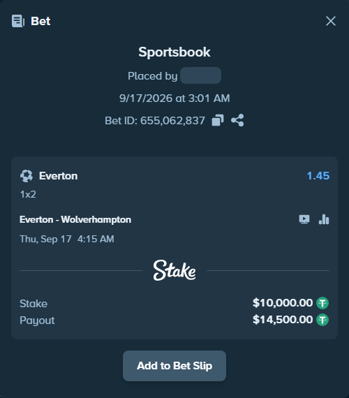 Bet slip: Everton - Wolverhampton, $10,000.00 stake at 1.45 odds, placed by mathiasjuel
