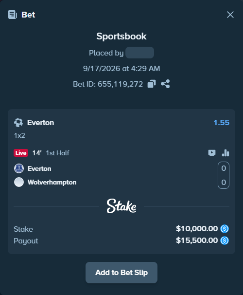 Bet slip: Everton - Wolverhampton, $10,000.00 stake at 1.55 odds, placed by opelphinex