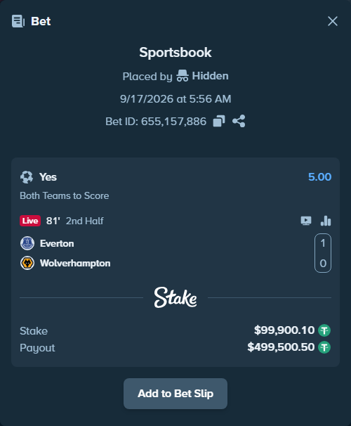 Bet slip: Everton - Wolverhampton, $100,000.00 stake at 5.00 odds, placed by Hidden