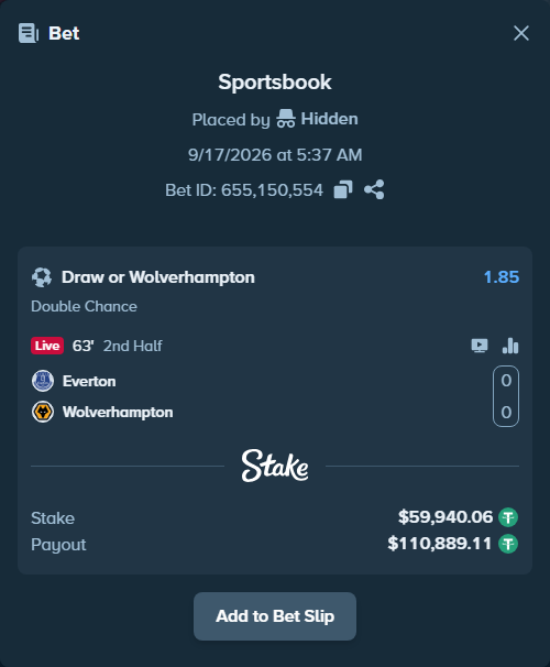 Bet slip: Everton - Wolverhampton, $60,000.00 stake at 1.85 odds, placed by Hidden