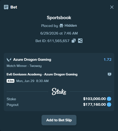 Bet slip: Evil Geniuses Academy - Azure Dragon Gaming, $103,000.00 stake at 1.72 odds, placed by Hidden