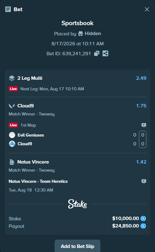 Bet slip: Evil Geniuses - Cloud9, $10,000.00 stake at 1.75 odds, placed by Hidden