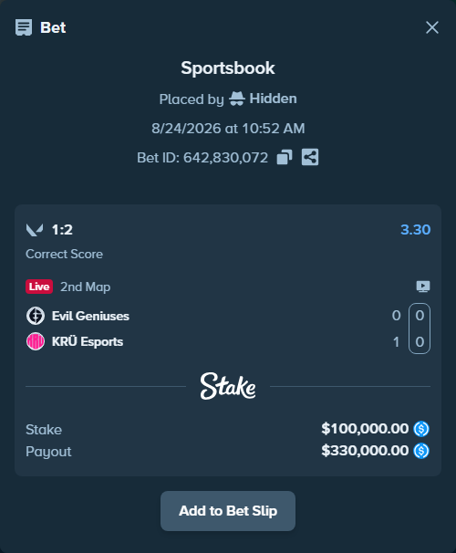 Bet slip: Evil Geniuses - KRÜ Esports, $100,000.00 stake at 3.30 odds, placed by Hidden