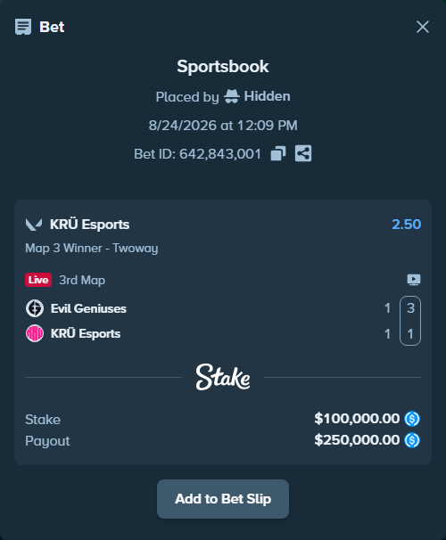 Bet slip: Evil Geniuses - KRÜ Esports, $100,000.00 stake at 2.50 odds, placed by Hidden