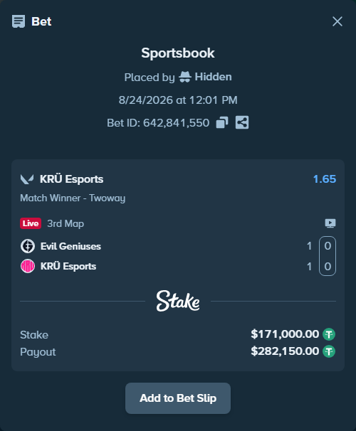 Bet slip: Evil Geniuses - KRÜ Esports, $170,982.90 stake at 1.65 odds, placed by Hidden