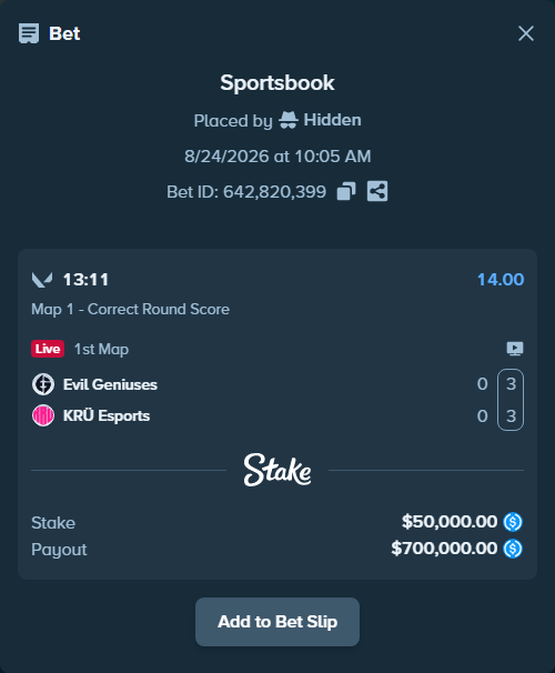 Bet slip: Evil Geniuses - KRÜ Esports, $50,000.00 stake at 14.00 odds, placed by Hidden