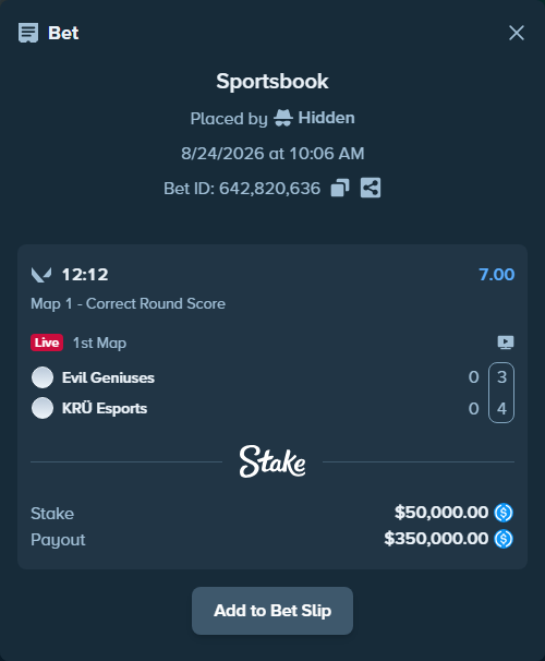 Bet slip: Evil Geniuses - KRÜ Esports, $50,000.00 stake at 7.00 odds, placed by Hidden