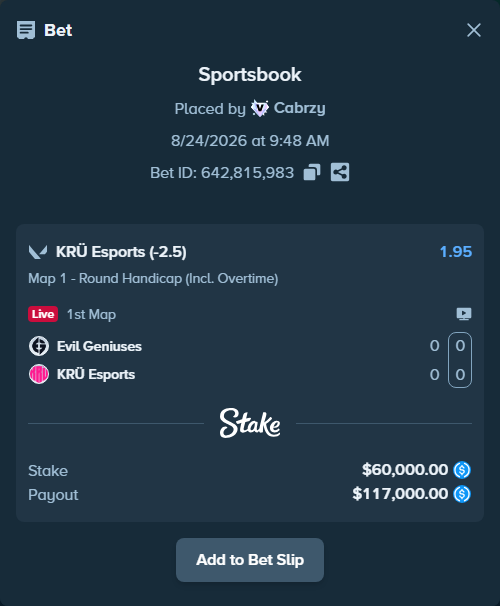 Bet slip: Evil Geniuses - KRÜ Esports, $60,000.00 stake at 1.95 odds, placed by Cabrzy