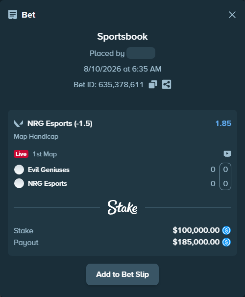 Bet slip: Evil Geniuses - NRG Esports, $100,000.00 stake at 1.85 odds, placed by Cabrzy