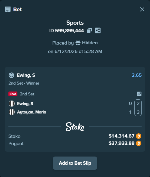 Bet slip: Ewing, S - Aytoyan, Maria, $14,466.76 stake at 2.65 odds, placed by Hidden
