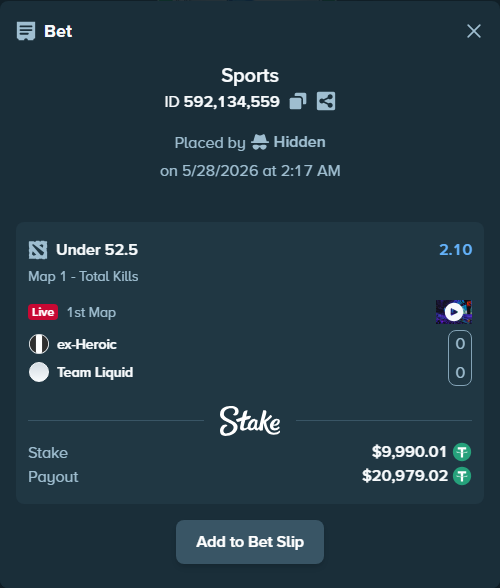 Bet slip: ex-Heroic - Team Liquid, $10,000.00 stake at 2.10 odds, placed by Hidden
