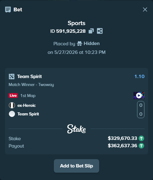 Bet slip: ex-Heroic - Team Spirit, $330,000.00 stake at 1.10 odds, placed by Hidden