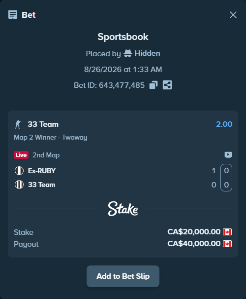 Bet slip: Ex-RUBY - 33 Team, $14,800.00 stake at 2.00 odds, placed by Hidden