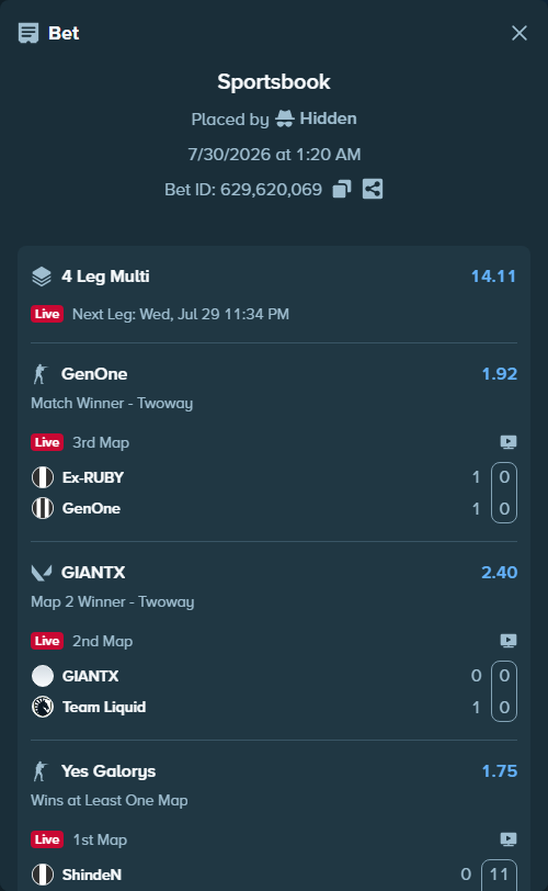 Bet slip: Ex-RUBY - GenOne, $13,000.00 stake at 1.92 odds, placed by Hidden