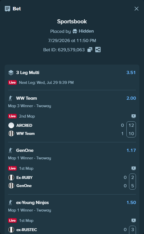 Bet slip: Ex-RUBY - GenOne, $15,000.00 stake at 1.17 odds, placed by Hidden