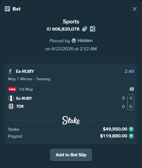 Bet slip: Ex-RUBY - TDK, $49,999.95 stake at 2.40 odds, placed by Hidden