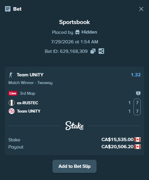 Bet slip: ex-RUSTEC - Team UNiTY, $11,495.90 stake at 1.32 odds, placed by Hidden