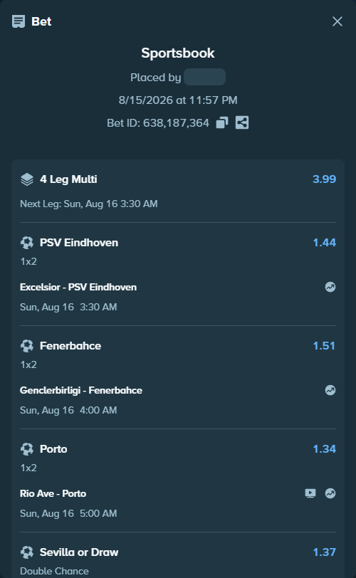 Bet slip: Excelsior - PSV Eindhoven, $12,000.00 stake at 1.44 odds, placed by ArdianHertica