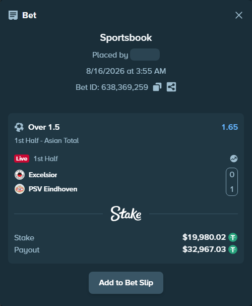 Bet slip: Excelsior - PSV Eindhoven, $20,000.00 stake at 1.65 odds, placed by tlwns4736