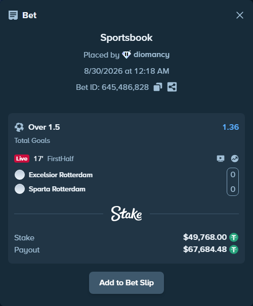 Bet slip: Excelsior - Sparta Rotterdam, $49,768.00 stake at 1.36 odds, placed by diomancy