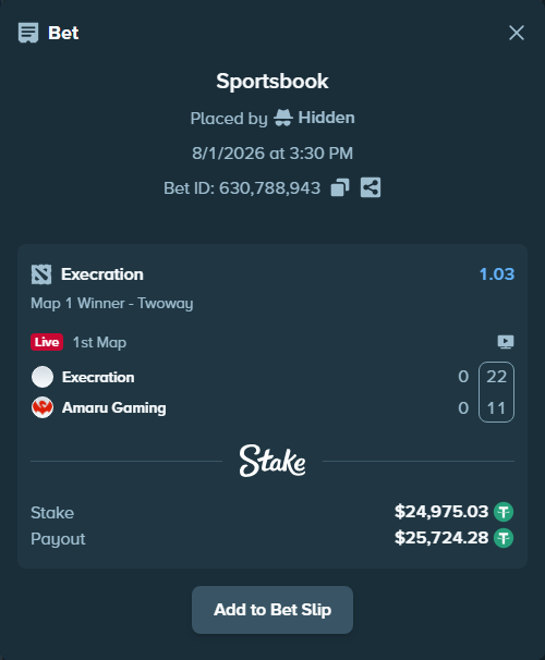 Bet slip: Execration - Amaru Gaming, $25,000.00 stake at 1.03 odds, placed by Hidden