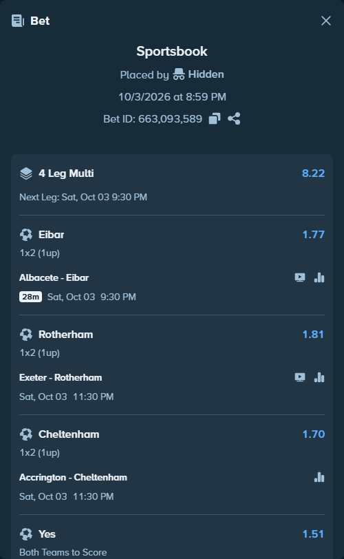 Bet slip: Exeter - Rotherham, $10,185.00 stake at 1.81 odds, placed by Hidden
