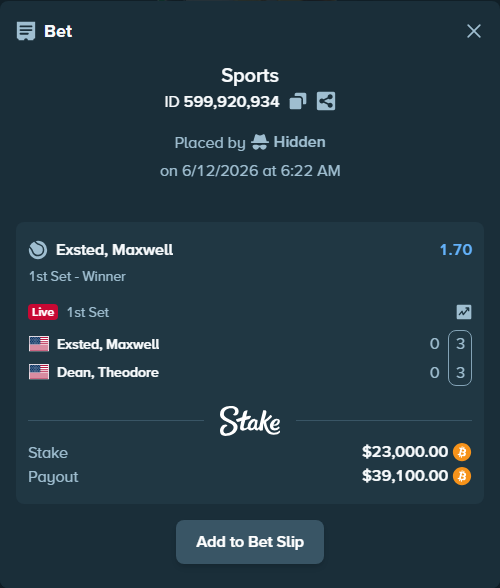 Bet slip: Exsted, Maxwell - Dean, Theodore, $23,392.32 stake at 1.70 odds, placed by Hidden