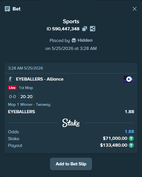 Bet slip: EYEBALLERS - Alliance, $71,000.00 stake at 1.88 odds, placed by Hidden