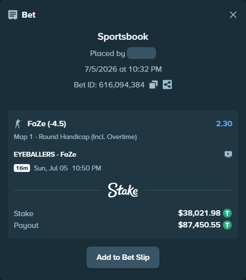 Bet slip: EYEBALLERS - FaZe, $38,060.00 stake at 2.30 odds, placed by GoldenKot