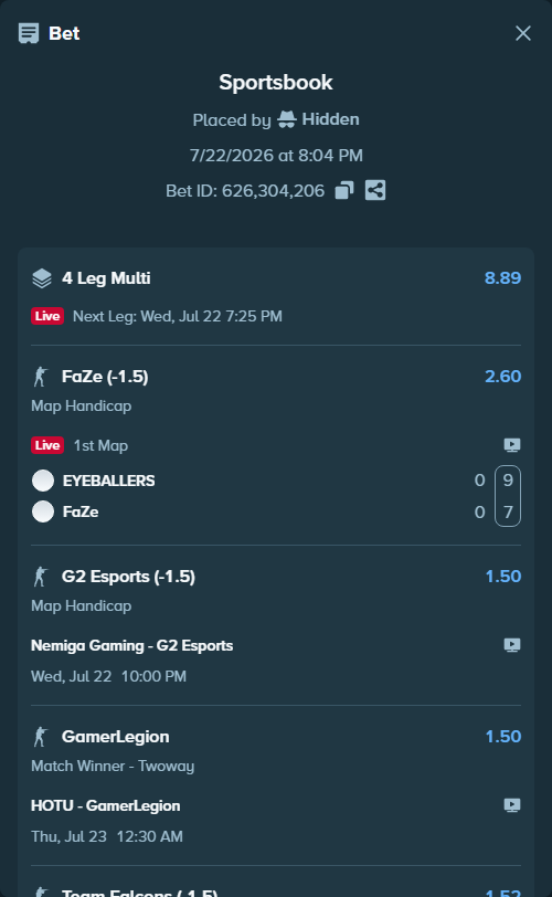 Bet slip: EYEBALLERS - FaZe, $50,420.94 stake at 2.60 odds, placed by Hidden