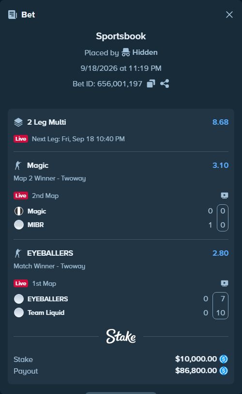 Bet slip: EYEBALLERS - Team Liquid, $10,000.00 stake at 2.80 odds, placed by Hidden