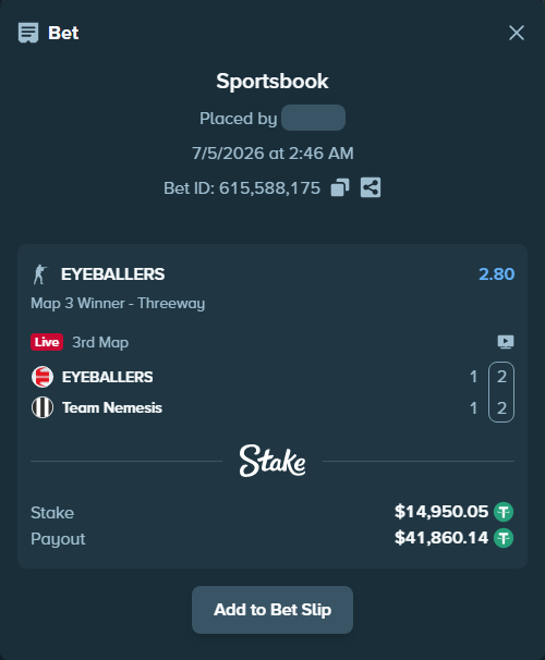 Bet slip: EYEBALLERS - Team Nemesis, $14,965.00 stake at 2.80 odds, placed by saszakoncza