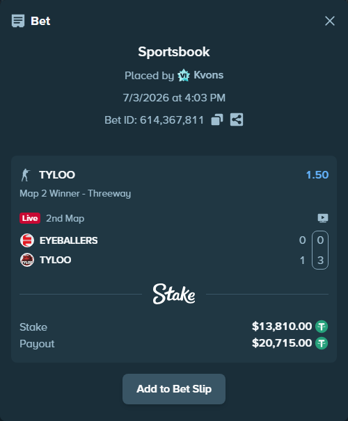 Bet slip: EYEBALLERS - TYLOO, $13,823.81 stake at 1.50 odds, placed by Kvons