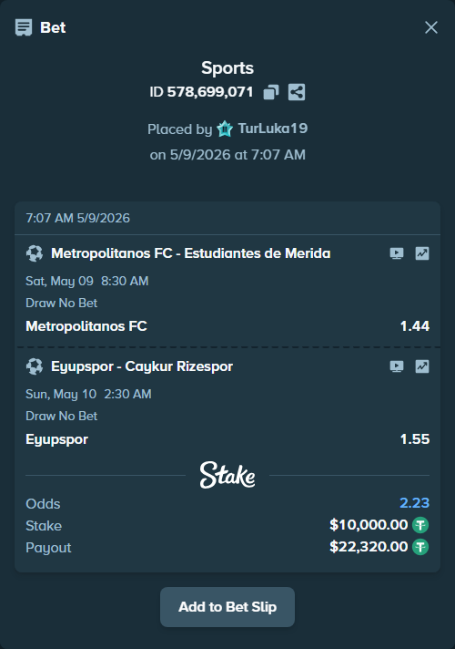 Bet slip: Eyupspor - Caykur Rizespor, $10,000.00 stake at 1.55 odds, placed by TurLuka19