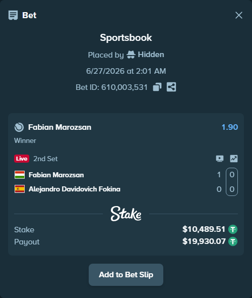 Bet slip: Fabian Marozsan - Alejandro Davidovich Fokina, $10,500.00 stake at 1.90 odds, placed by Hidden