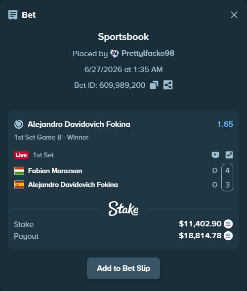 Bet slip: Fabian Marozsan - Alejandro Davidovich Fokina, $12,810.97 stake at 1.65 odds, placed by Prettylfacko98