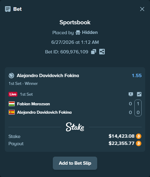 Bet slip: Fabian Marozsan - Alejandro Davidovich Fokina, $14,762.88 stake at 1.55 odds, placed by Hidden