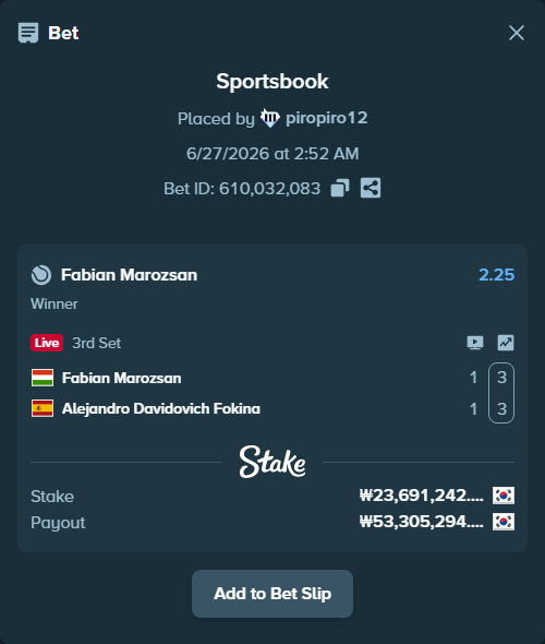 Bet slip: Fabian Marozsan - Alejandro Davidovich Fokina, $17,768.43 stake at 2.25 odds, placed by piropiro12