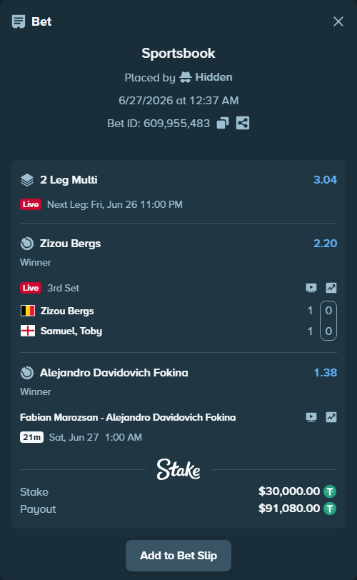 Bet slip: Fabian Marozsan - Alejandro Davidovich Fokina, $30,030.00 stake at 1.38 odds, placed by Hidden
