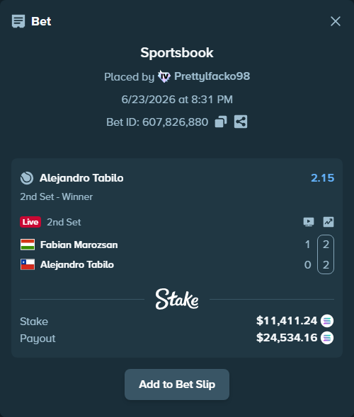 Bet slip: Fabian Marozsan - Alejandro Tabilo, $12,296.59 stake at 2.15 odds, placed by Prettylfacko98