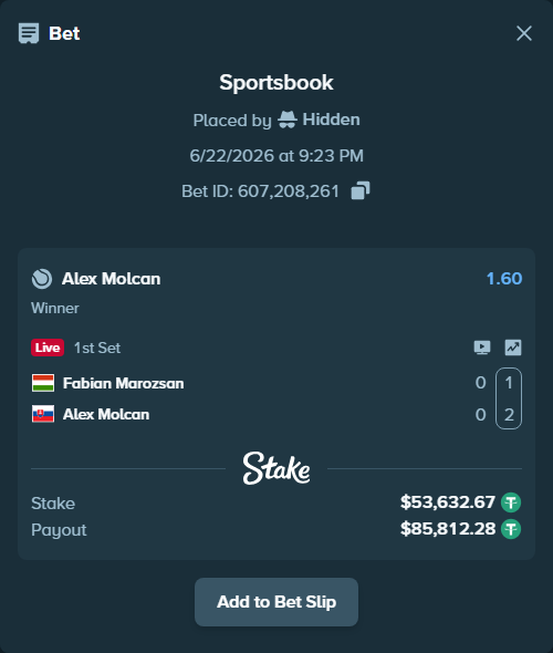 Bet slip: Fabian Marozsan - Alex Molcan, $53,686.31 stake at 1.60 odds, placed by Hidden