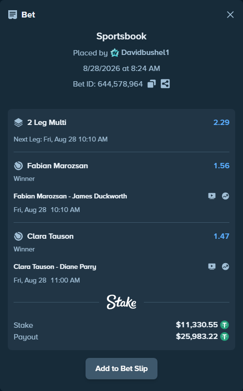 Bet slip: Fabian Marozsan - James Duckworth, $11,329.42 stake at 1.56 odds, placed by Davidbushel1