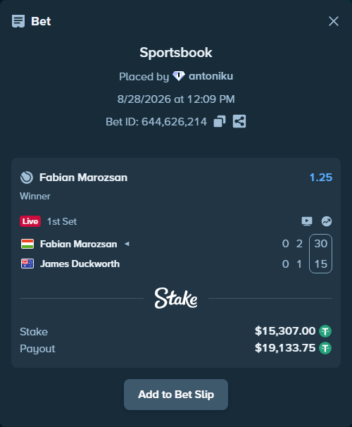 Bet slip: Fabian Marozsan - James Duckworth, $15,307.00 stake at 1.25 odds, placed by antoniku
