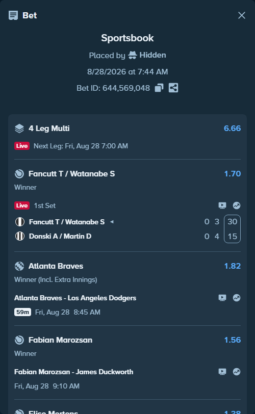 Bet slip: Fabian Marozsan - James Duckworth, $15,574.00 stake at 1.56 odds, placed by Hidden